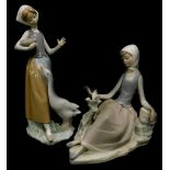 A Lladro matt glaze figure of a lady seated beside a dove, and another figure of a lady with a goose