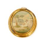 An early 19thC silk work picture of a lady in a classical garden setting, in oval gilt wood mount, w