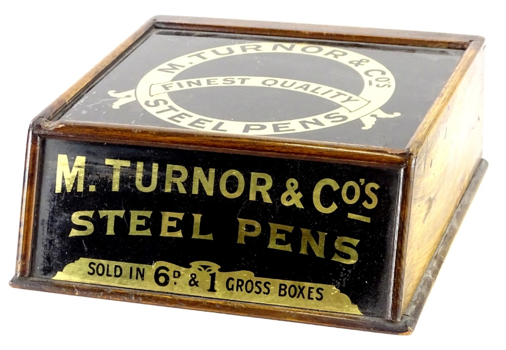 A Victorian shop display for M Turnor & Co steel pens, with walnut case and gilt and black verre egl