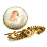 Two brooches, comprising a 15ct gold Victorian brooch, of scroll design set with garnet and white st