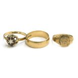 Three 9ct gold rings, comprising a 9ct gold wedding band of plain design, a cluster ring and a signe