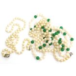 Cultured pearl and other necklaces, comprising a cultured pearl and jade longuard necklace, 62cm lon