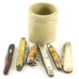 Six pen knives, to include two silver plated and mother of pearl handled pen knives, an imitation to