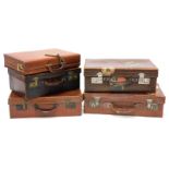 Variouus early 20thC and other travel cases, case with combination number, 45cm wide, another with U