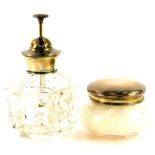 A faceted silver and silver plate cut glass scent bottle, and silver mounted glass dressing table ja