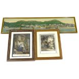 A printed textile picture of a harbour, possibly Hong Kong, 24m x 104cm, and two 19thC prints (3).