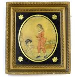 A 19thC embroidered silk picture, depicting a boy wearing a red suite, a dog playing tricks in eboni