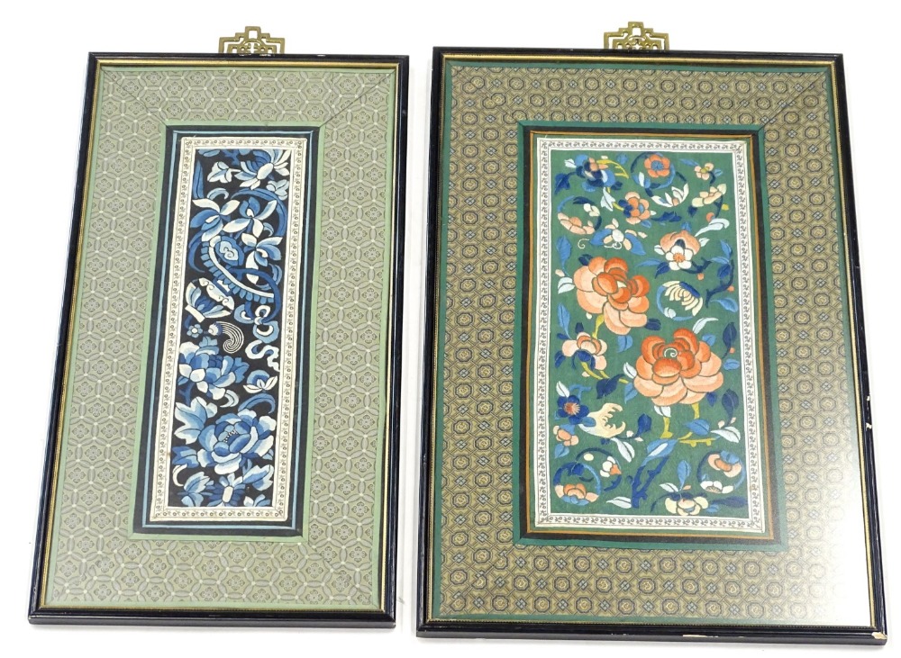 Two 20thC Chinese embroidered silk panels, each depicting flowers, scrolls, etc.