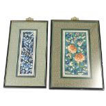 Two 20thC Chinese embroidered silk panels, each depicting flowers, scrolls, etc.