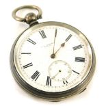 A late 19thC silver open face pocket watch, 4½cm dial and a 5cm part engine turned case with vacant