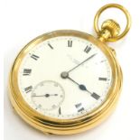 An 18ct gold Thos Russell & Son pocket watch, with plain design case, white enamel dial, seconds dia