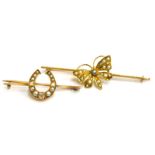 Two seed pearl set bar brooches, comprising a butterfly set bar brooch with white and grey coloured