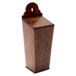 A 19thC mahogany wall hanging candle box, of tapering square form with a pierced back hanger and fla