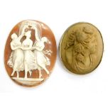 Two cameos, comprising a loose shell cameo depicting three maidens, crudely signed to rear Janey?, t