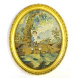 A 19thC silk embroidered picture of a boy wearing a blue jacket and horn, possibly Little Boy Blue,