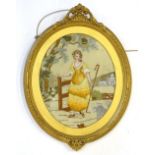 A 19thC silk embroidered picture, Little Bo Peep with her sheep etc., oval 25cm x 20cm, in gilt gess