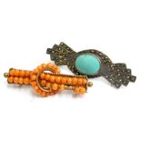 Two bar brooches, comprising a silver marqusite and turquoise brooch, and a gold plated and coral br