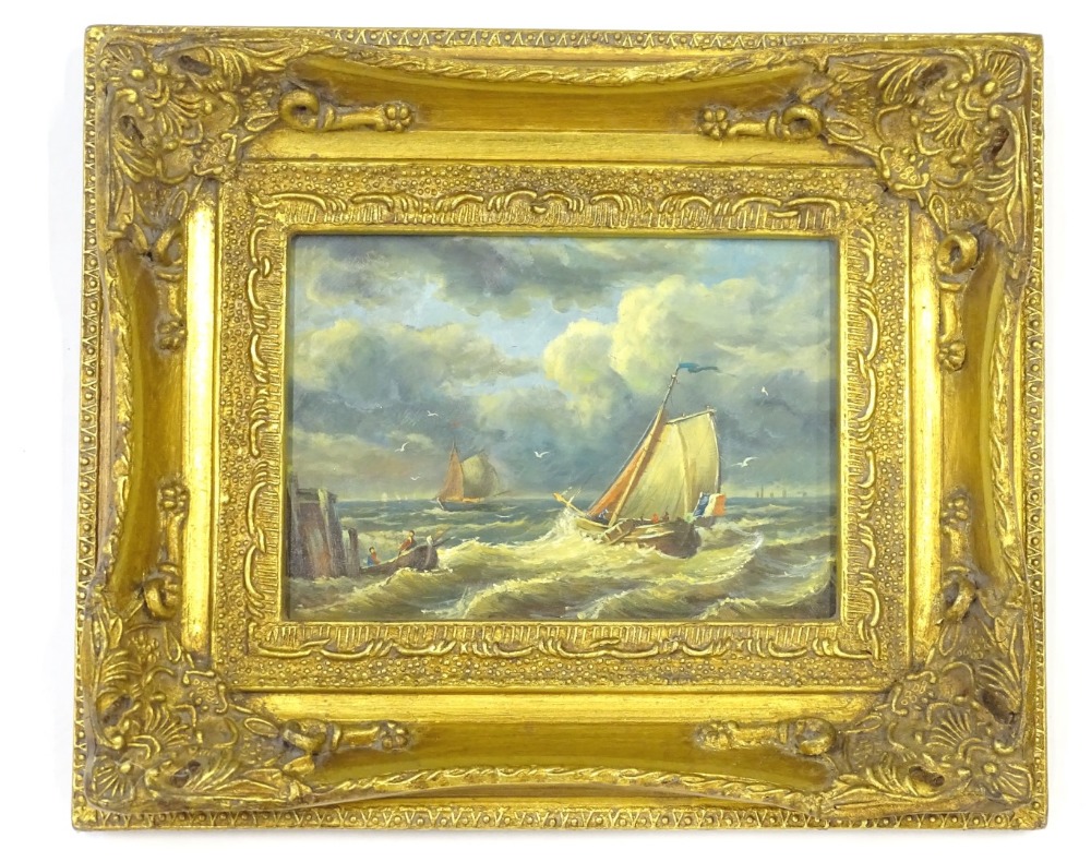 Late 20th/21stC School. Ships in choppy seas, oil on board, 11cm x 16cm.