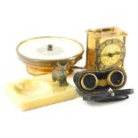 Various bygones, collectables, circular barometer, onyx dog ashtray, 14cm wide, a pair of elaborate