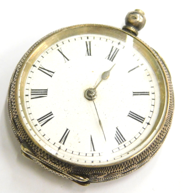 A silver fob watch, with white enamel dial with Roman numerals, in a scroll and shield design case,