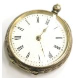 A silver fob watch, with white enamel dial with Roman numerals, in a scroll and shield design case,