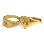 Two 9ct gold rings, comprising a gents signet ring, of shield design bearing initials EHW, cut, 6g,