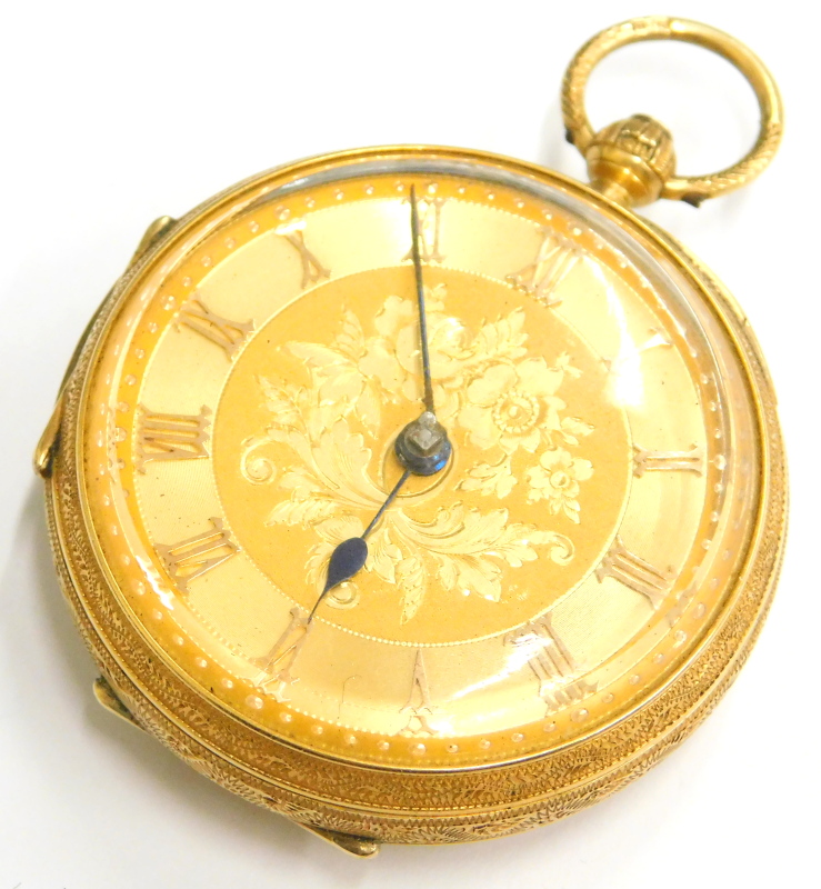 A late 19thC 18ct gold fob watch, in heavily embossed case, with floral engraved scroll centre and R