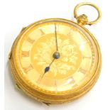 A late 19thC 18ct gold fob watch, in heavily embossed case, with floral engraved scroll centre and R