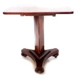 A 19thC occasional table, the rectangular tilt top on a triform support, with concave platform base
