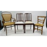A pair of Edwardian mahogany and satinwood cross banded bedroom chairs, a caned and Bentwood armchai