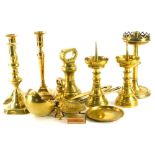 Various brassware, candlesticks etc., to include circular example, 20cm high, ecclesiastical church