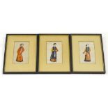 19thC Chinese School. Portraits of three Chinese figures, watercolour on pith or rice paper, 15cm x