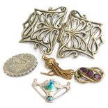 A small quantity of jewellery, comprising a silver plated Art Nouveau style belt buckle, a silver Is