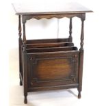 A 1920s stained oak Canterbury, the rectangular top with a moulded edge on turned supports, 56cm wid