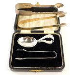 A collection of small silver, etc., to include three pairs of sugar tongs, and a baby spoon, 3¼oz.