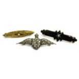 Three bar brooches, comprising a silver and marcasite set RAF wings brooch, a jet and seed pearl set