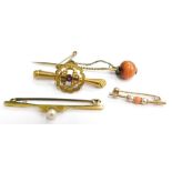 Four brooches, comprising a 9ct gold and pink topaz set bar brooch, with flower centre, a 9ct gold c