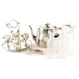 A collection of items, to include an oval silver plated Victorian teapot, a pair of asparagus tongs,