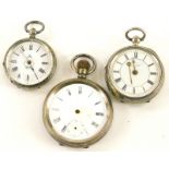 Three silver fob and pocket watches, comprising a fob watch with white enamel dial, and painted flor