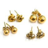 Four pairs of 9ct gold stud earrings, comprising a larger and smaller set of ball studs, a pair of k