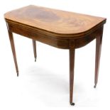 A George III mahogany and satinwood crossbanded D shaped card table, the rectangular top with cheque