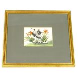19thC School. Chinese cranes and flowers, watercolour on pith or rice paper, 12cm x 16cm.