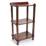 A Victorian walnut three tier whatnot, each rectangular section with rounded corners and inlaid with