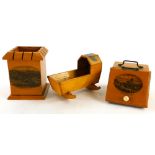 Various early 20thC Mauchline ware, a Bournemouth sycamore money box, 10cm high, Llangollen cradle a