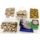 A quantity of British coins to include commemorative crowns, nickel silver sixpence, half crowns, Ch