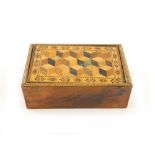 A later 19thC Tunbridge ware box of rectangular form, with a parquetry inlaid lid with an exterior b