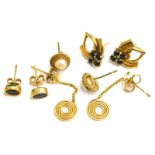 Four pairs of 9ct gold earrings, comprising a pair of modern circular drop design earrings, a pair o