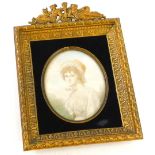 After Reynolds. Oval portrait miniature of a lady wearing bonnet, watercolour hightened in white, 1