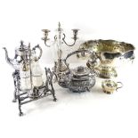 A quantity of silver plate, to include a triple epergne, lacking one trumpet, a kettle stand, three