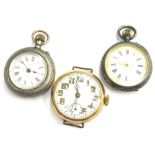 Three watches, comprising a silver fob watch with white enamel dial picked out in gold colouring, a